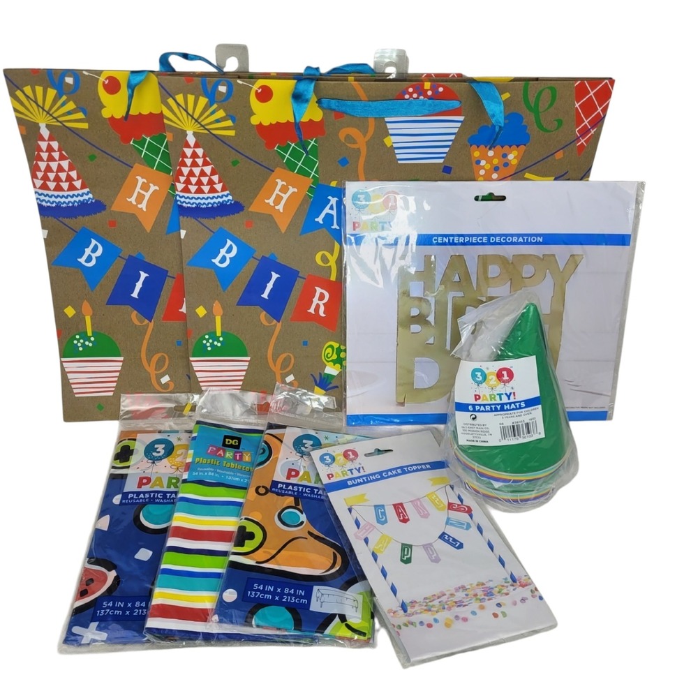 321 Party Birthday Supplies Bundle Tablecloths Cake Topper Hats Gift Bags Set